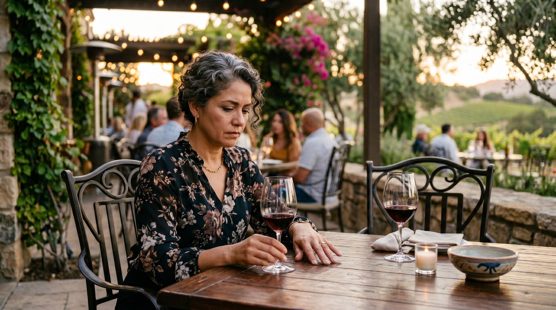 A woman in her 50s sitting alone at a vineyard restaurant, contemplating her marriage
