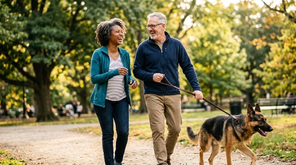 A re-engaged couple in their 50s laughing together while walking their dog in the park